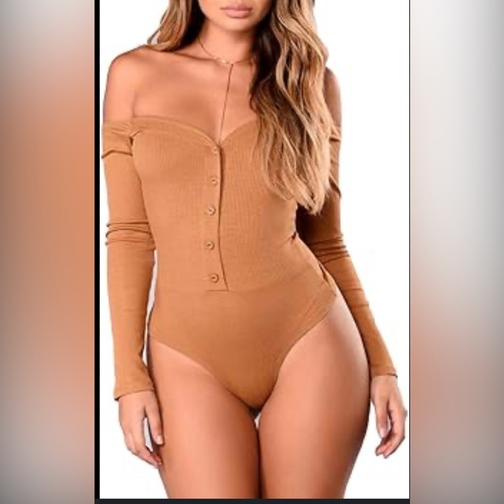Fashion Nova Camel Off-Shoulder Bodysuit